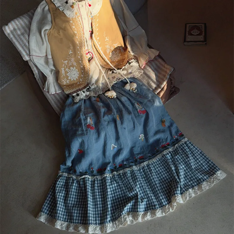 TIYIHAILEY Long Mid-calf Skirts For Women Summer Linen Patchwork Spring Elastic Waist A-line Embroidery 2025 New Blue Skirts