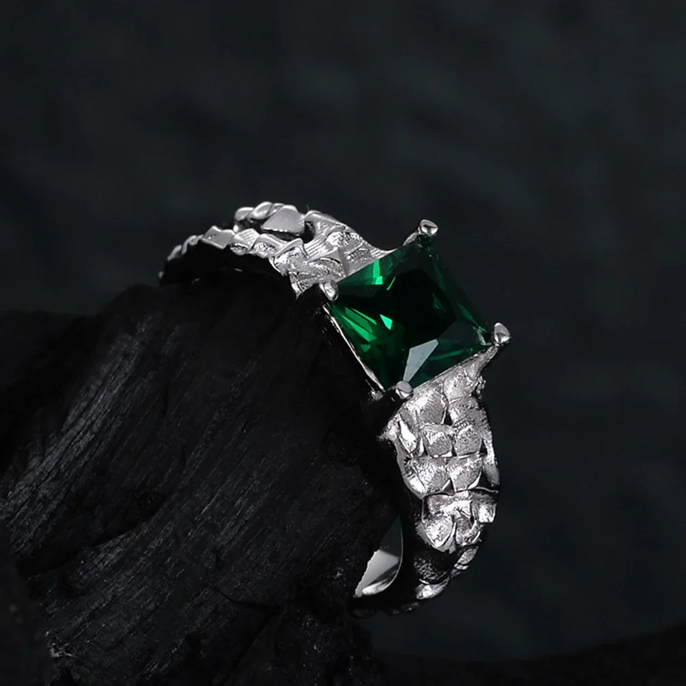 Ables Chic Hammered Irregular Solid 925 Silver Ring Emerald Zircons Alien Texture Party Wide Open Band Rings R1244