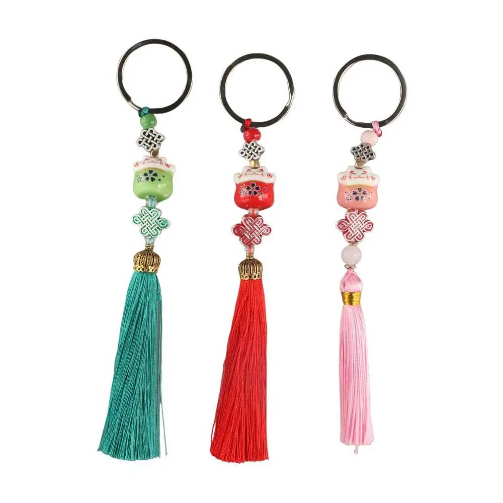 Animal Cat Bag Charm Chinese Knot Random Tassel Pendant Lucky Cat Keyring Weaving Key Chains Lucky Cat Keychain Key Holder