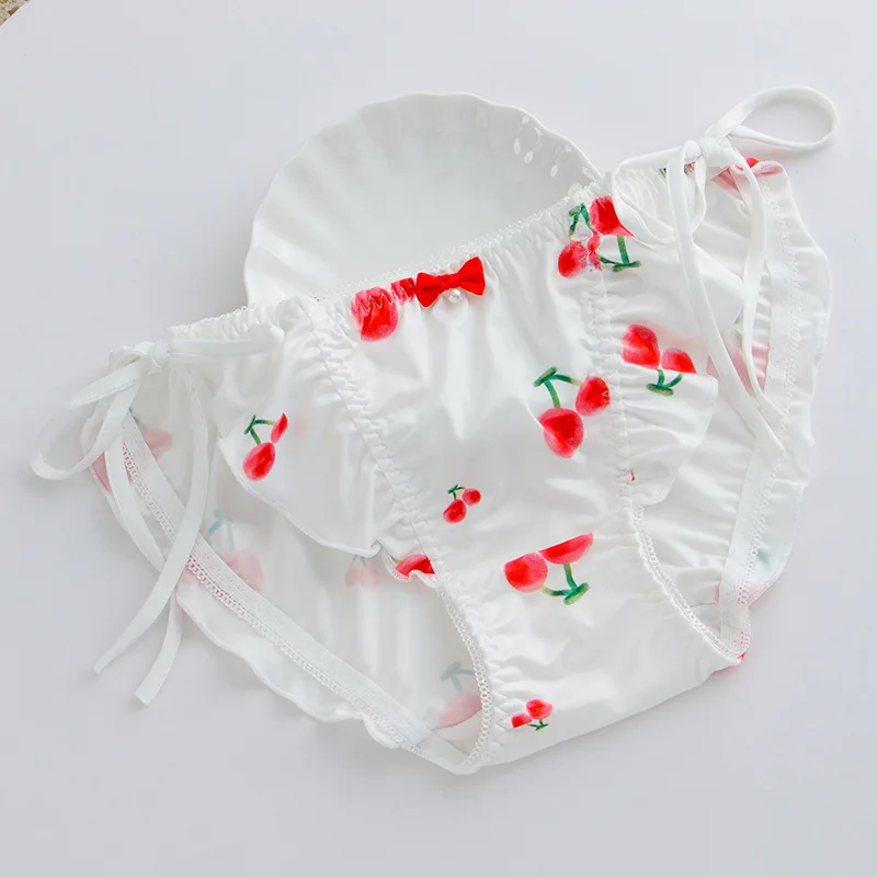 Cherry Peach Print Underwear Mid-Rise Breathable Briefs Women's Cute Ruffle Bow Bandage Lace-up Panties Sweety Lolita Princess
