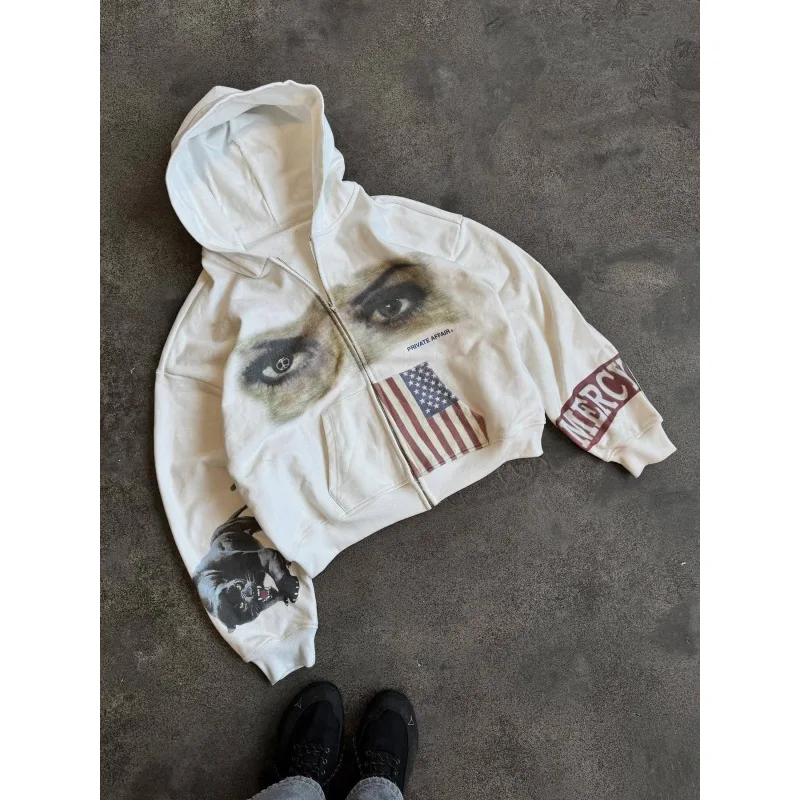 Übergroßer weißer Grafik-Kapuzenpullover mit Reißverschluss für Damen, 2025, Y2K-Streetwear-Jacke mit Augen-, Panther- und USA-Flaggen-Aufdruck, modische Oberbekleidung