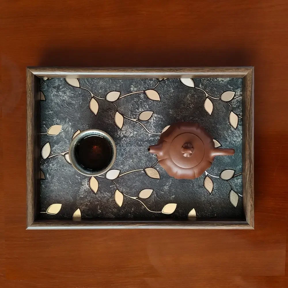 High Grade Retro Chinese Begonia Pattern Wood Tea Tray, Light Rectangular Luxury Serving Tray for Tea Cups & Wine Goblets