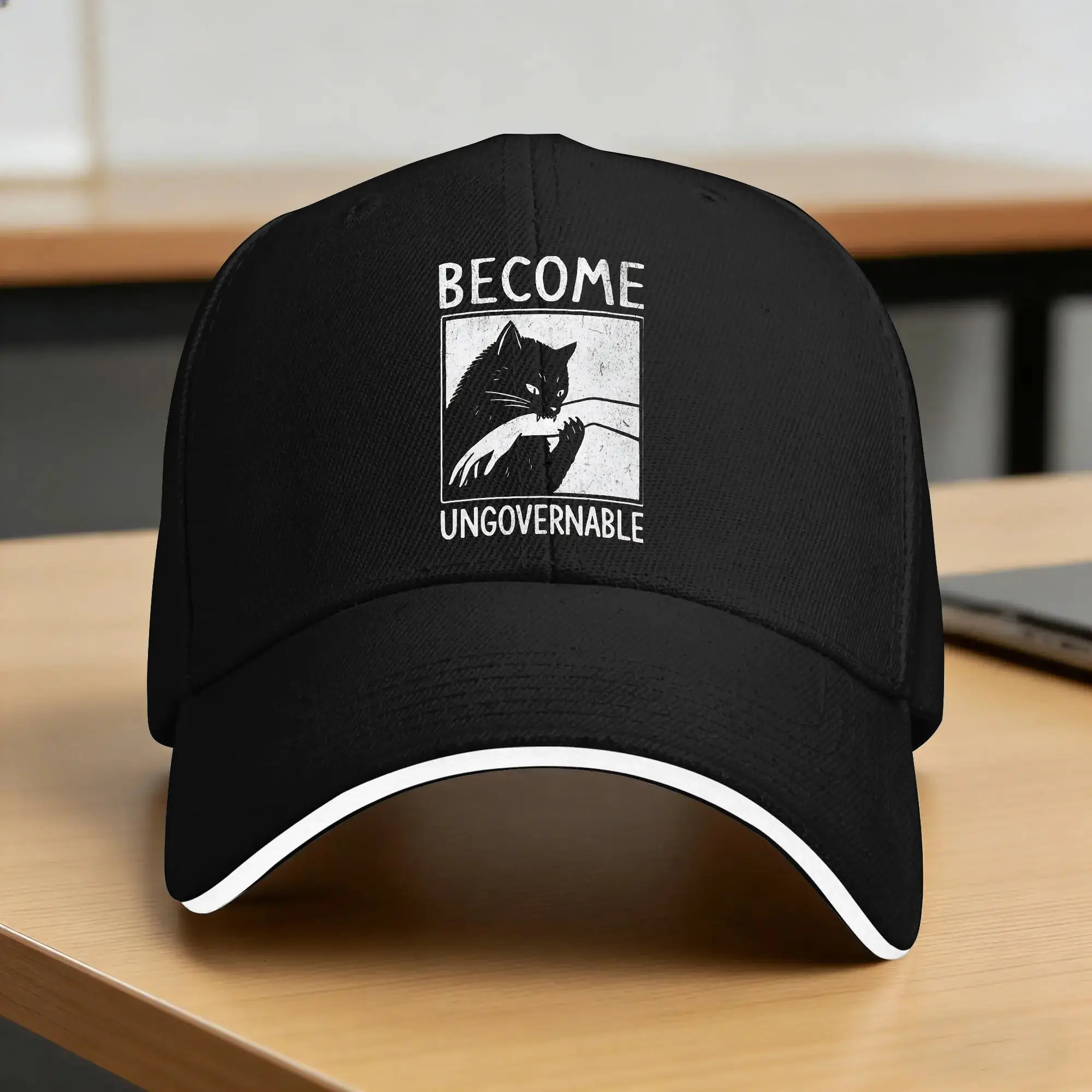 Casquette de baseball « Become Ungovernable » avec motif drôle de chat qui mord la main, casquette snapback de haute qualité pour couple, femme, tennis, skate