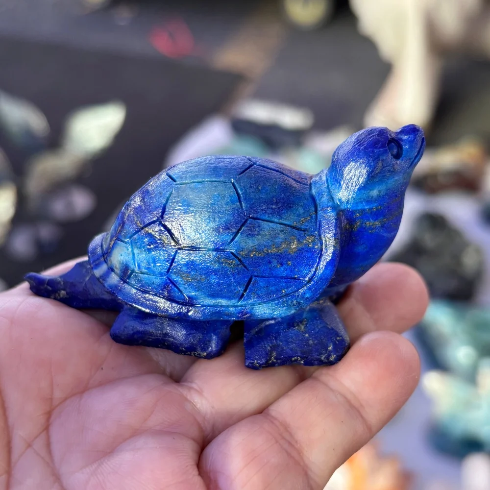 Natural Lapis Lazuli Turtle Hand Carved Crystal Tortoise Statue Gold Pyrite Inclusion Reiki Healing Stone Home Altar Decor Gift