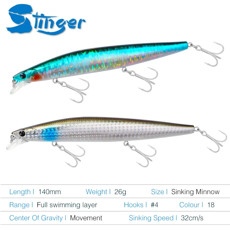 TSURINOYA Stinger 140S Fishing Lure Sinking Minnow DW92 140mm 26g Saltwater Seabass Ultra Long Casting Large Hard Baits Jerkbait