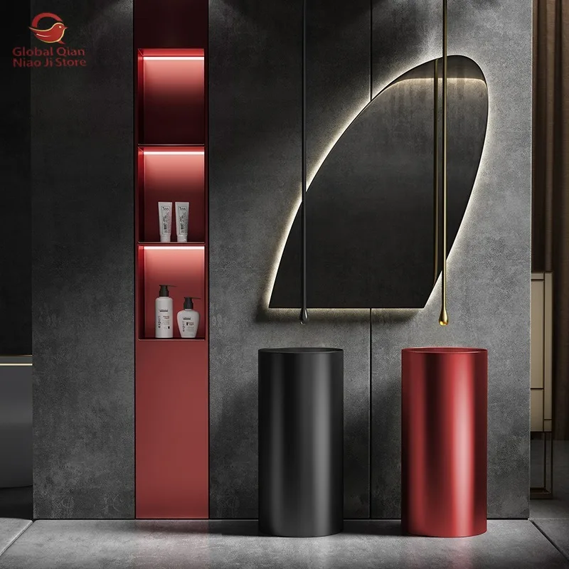 Black Metal Stainless Steel Freestanding Integrated Pedestal Sink, Round Wash Basin for Hotels, Sink for Homestays