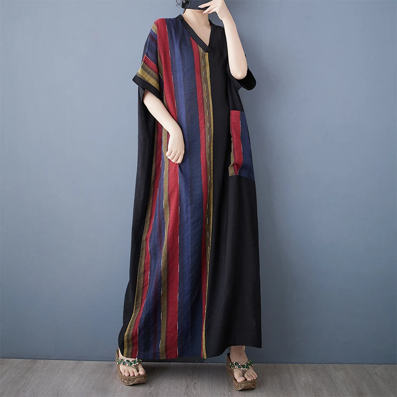 NYFS 2025 صيف جديد فساتين امرأة الخامس الرقبة Vestidos رداء Ete فام Elbise موضة مخطط كم قصير القطن الكتان فستان طويل