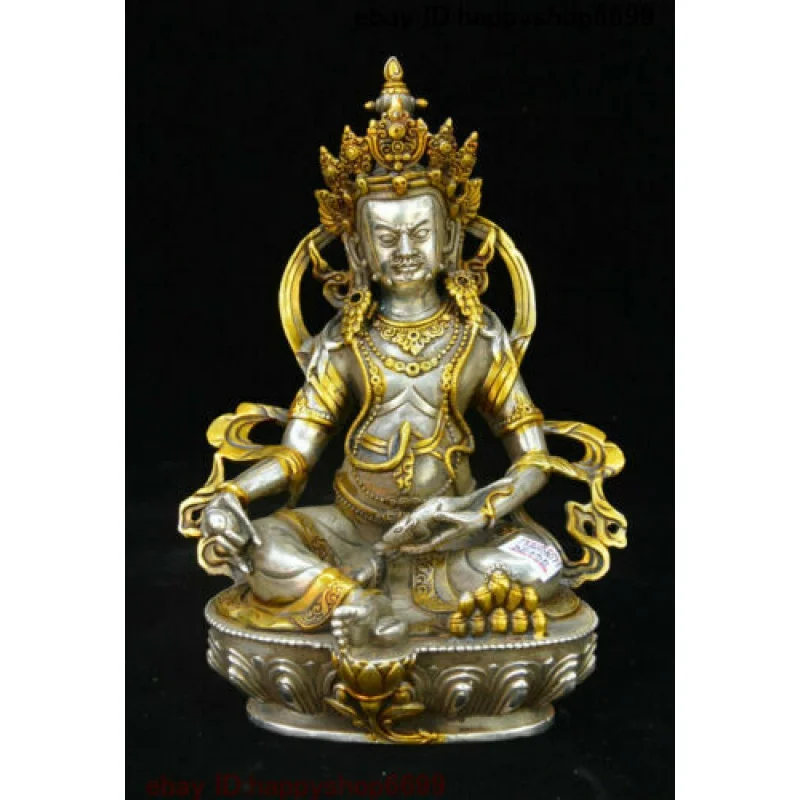 Old Buddhist Temple Tibet Silver Plated Yellow jambhala God of Wealth Buddha Statue