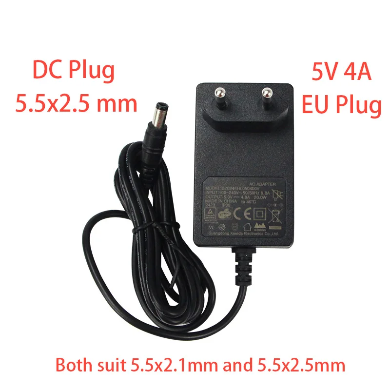 

AC to DC EU Adaptor 110-240V DC 5V 4A Supply Charger Adaptor for LED light strips Universal Power Adapter for LED Lamp CCTV