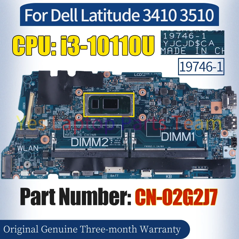 Imagem -02 - Placa-mãe do Portátil para Dell Latitude 3410 3510 100 Testado Mainboard Cn02g2j7 Srgl0 I310110u 19746-1