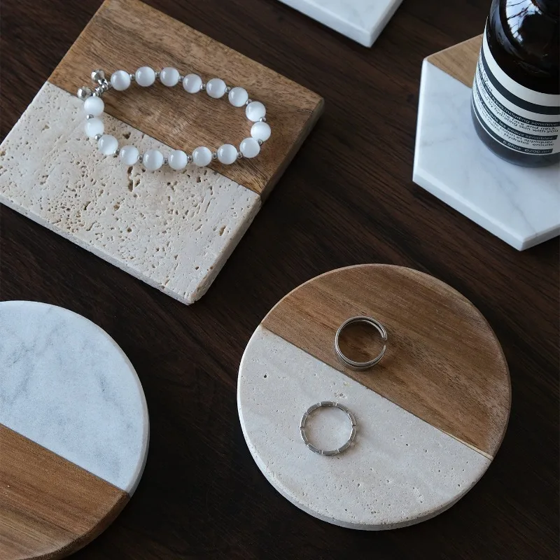 Vintage Marble Wood Coaster Set with Acacia Tray - Round Heat Resistant Table Mat,Luxury Square Tray for Coffee Table Home Decor