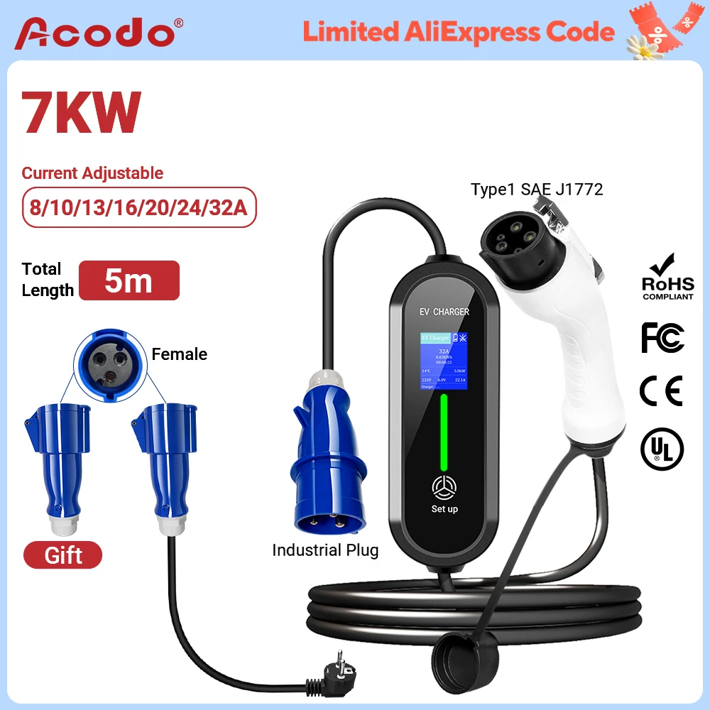 Acodo 7KW Tip 2 EV Taşınabilir Şarj Cihazı Dönüşüm fişli 5 M Uzunluk Kablosu 7 Akım modu WallBox Tip 1 GBT Araç Hızlı Şarj Cihazı 