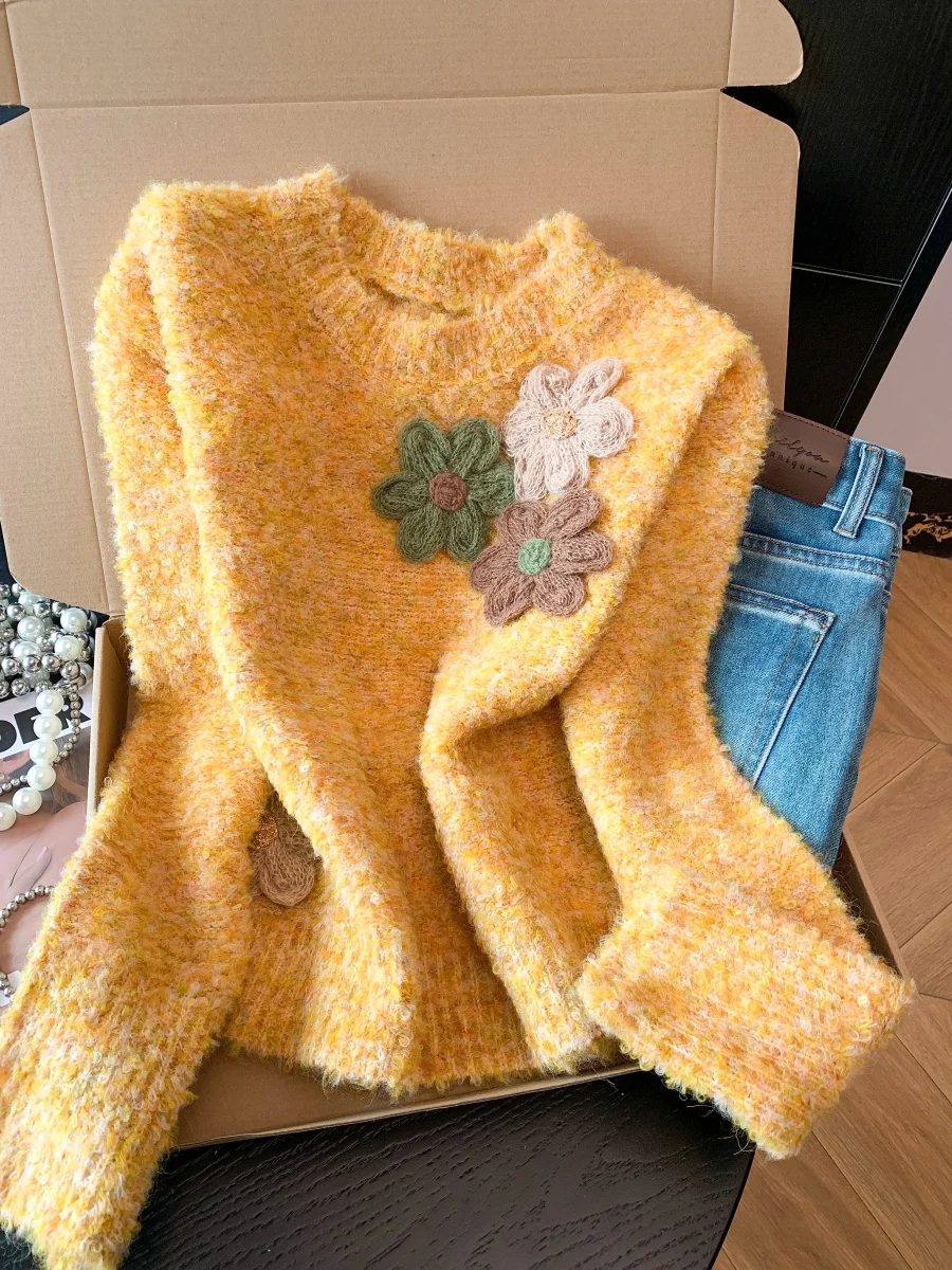 

Женский зимний свитер Sweet Forest System 3D Flower, маленький размер, с круглым вырезом, мягкий, уютный, вязаный, короткий топ