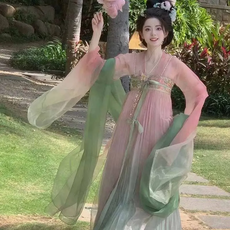 

Oversizd 10XL платье ханьфу женское китайское винтажное ханьфу Хэллоуин косплей костюм с принтом ханьфу зеленый и розовый комплект из 3 предметов плюс размер 8XL