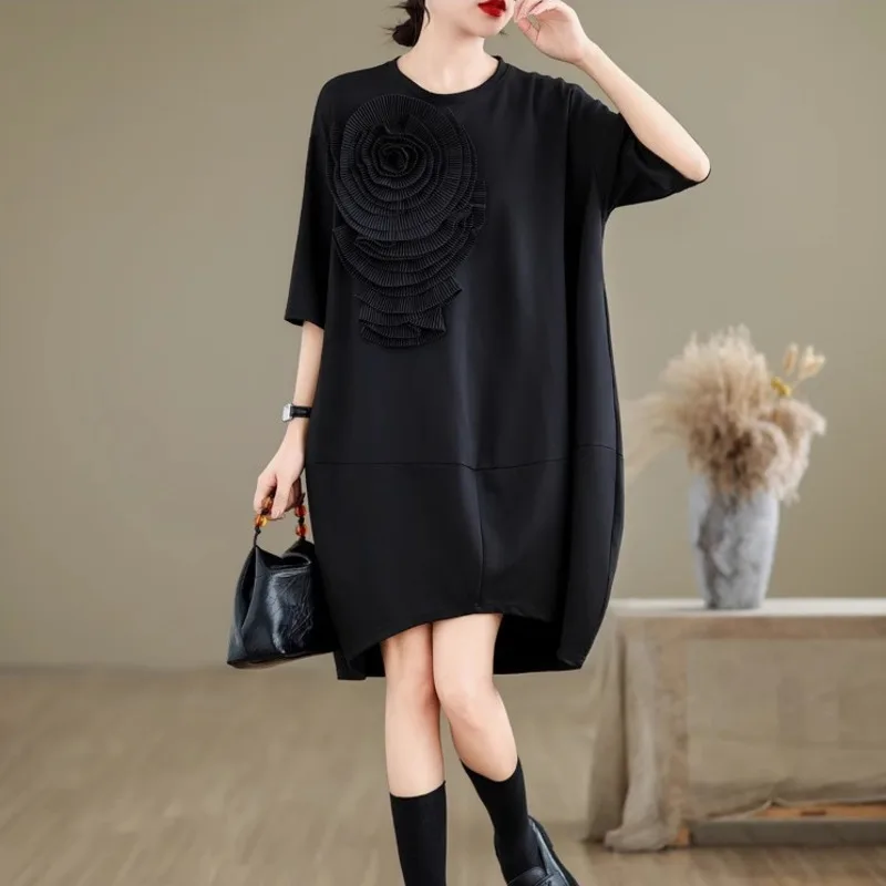 #3886 Black Asymmetrical T Shirt Dress Short Sleeve Women Loose Patchwork Flower Split Joint Streetwear Dress Ladies Summer