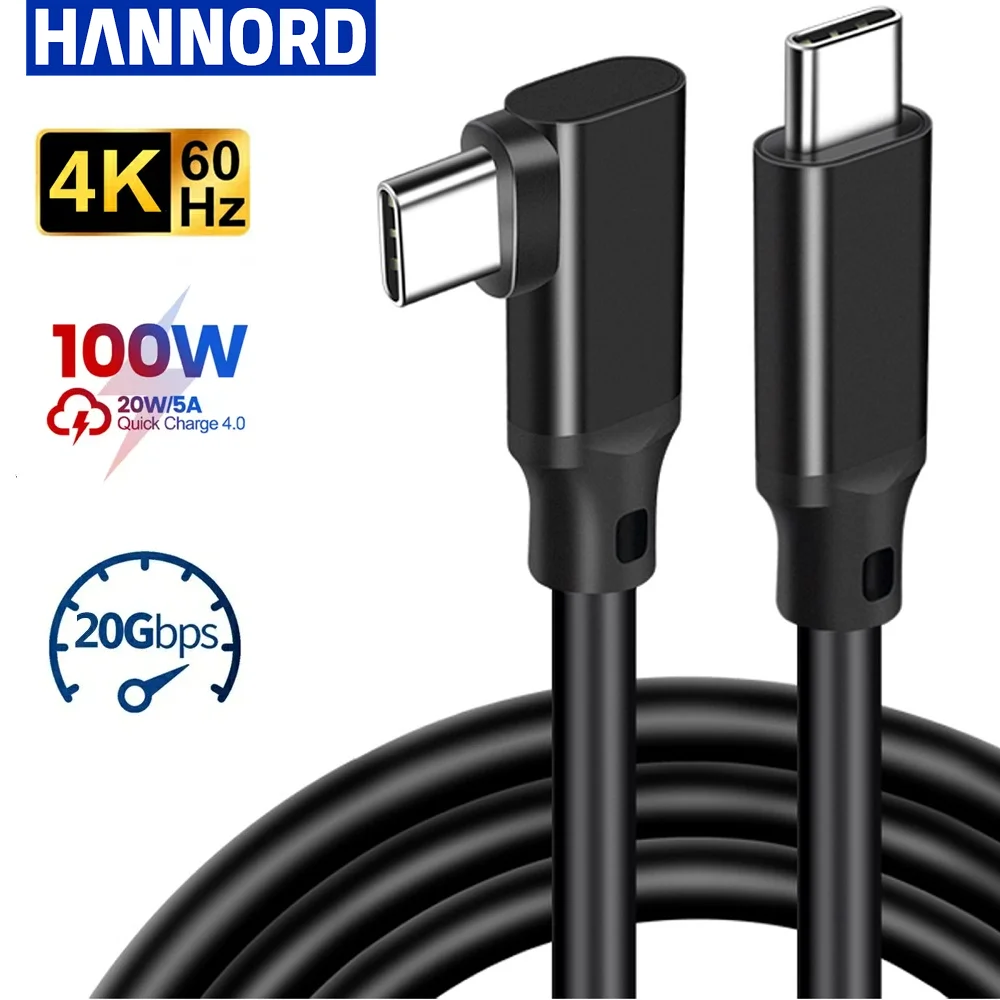 Hannord USB C 3.2 Gen 2 Type C to USB C Cable 90 Degree 20Gbps VR Link Cable 5A 100W PD Fast Charging cord For Macbook PC Laptop