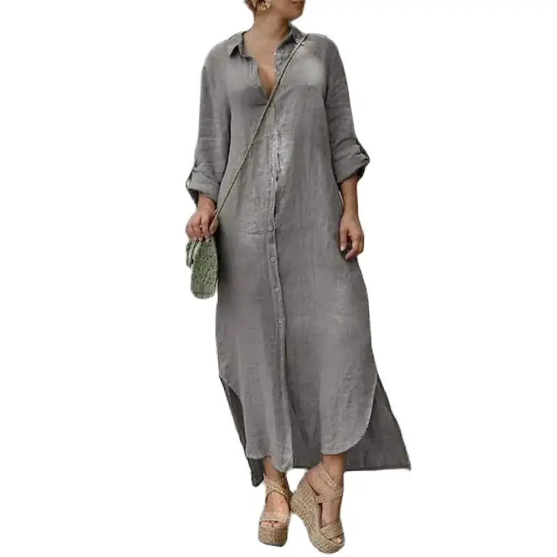 2024 Summer Women's Cotton and linen shirt Collar Button Back Long Dress Solid Color turn down casual Long Maxi Dresses