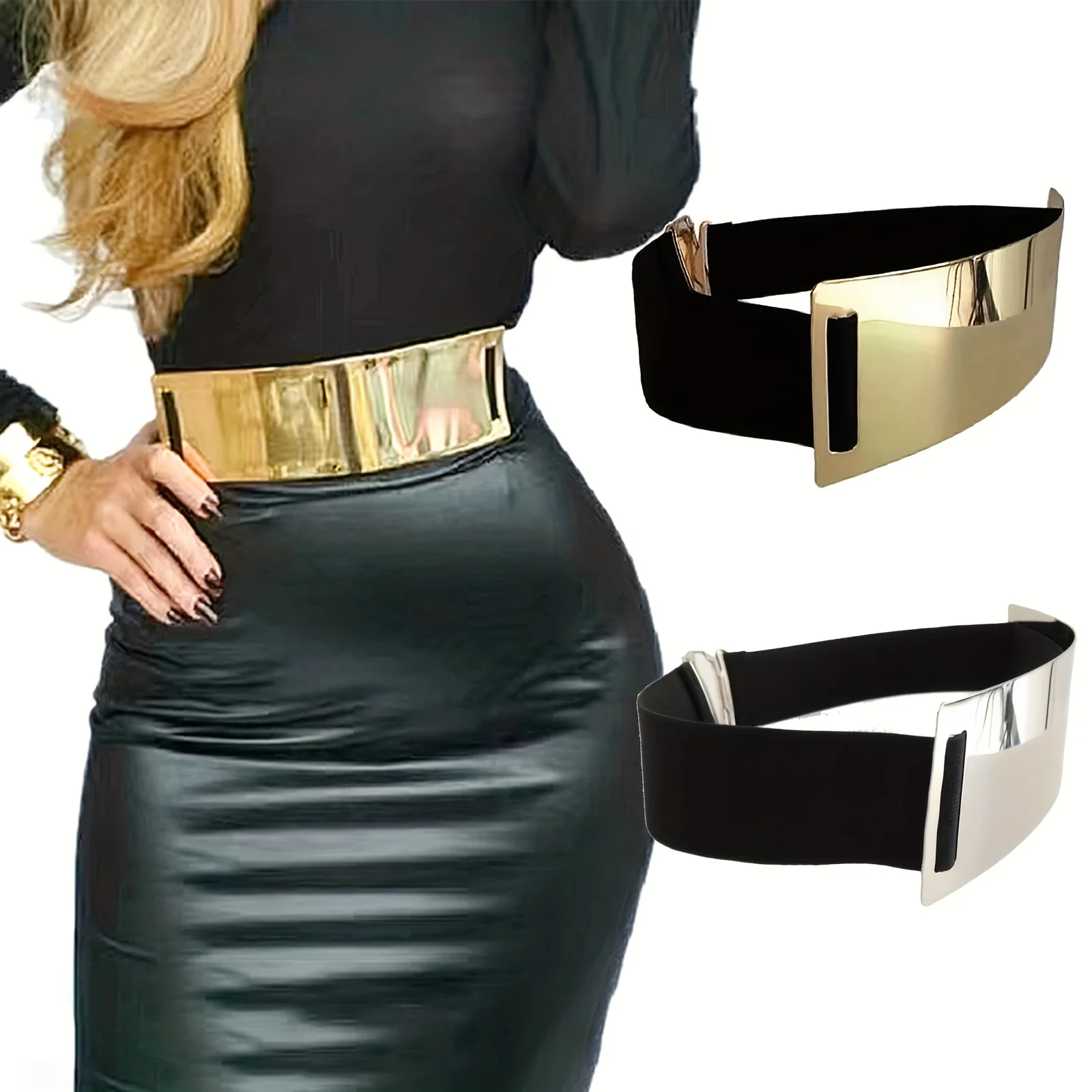 Punk-Elegant Metallic Glossy Wide Belt Waistband - Perfect for Y2K Dresses & Girdles damski vestidos elegantes para mujeres