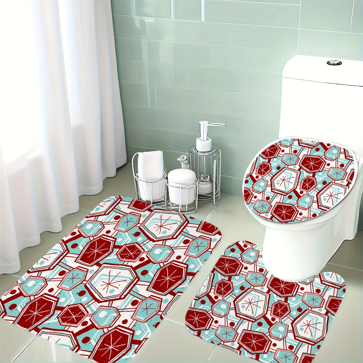 

3pcs Modern Geometric Christmas Bathroom Rug Set with Toilet Lid Cover & U-Shaped Mat - Red, Light Blue & White Soft Non-Slip