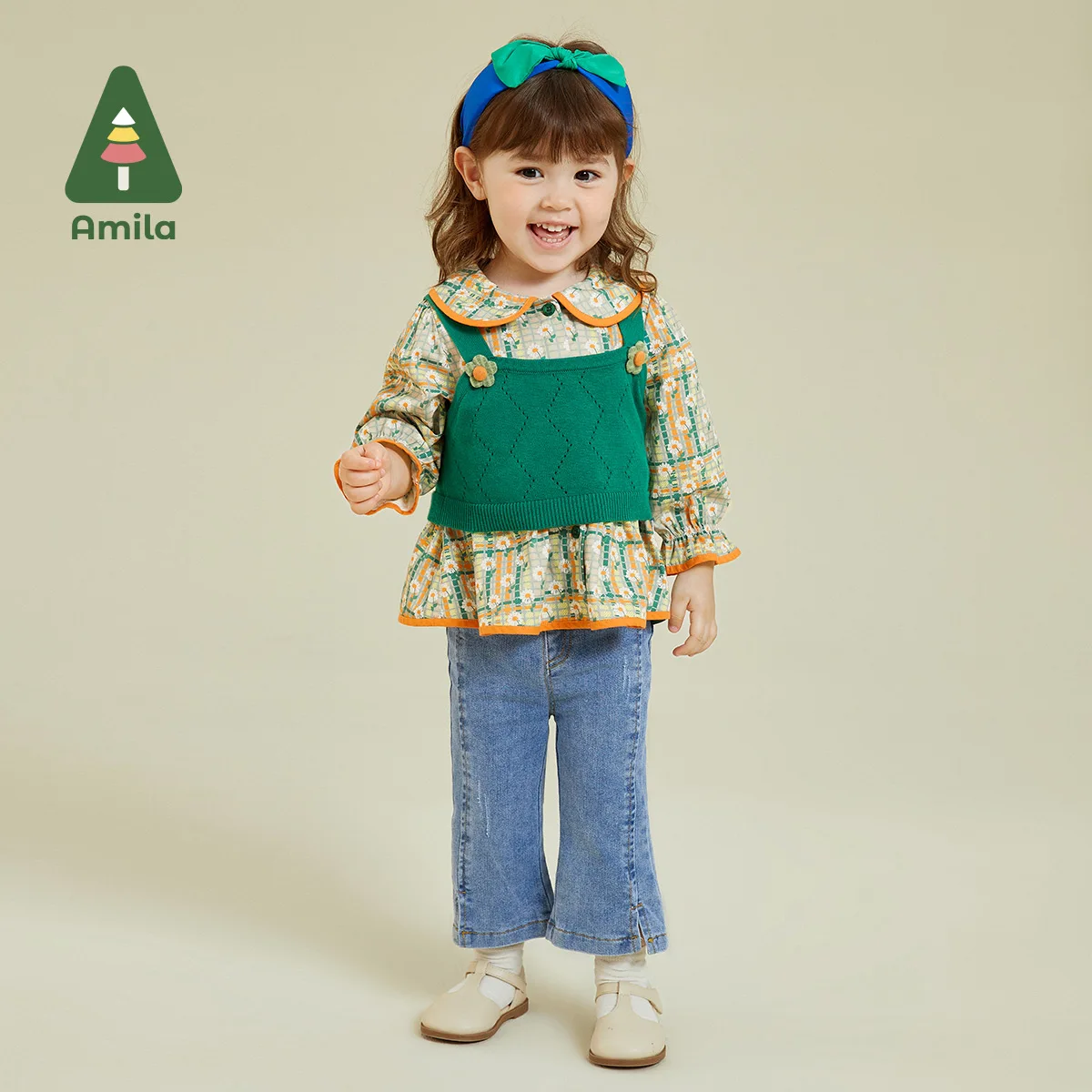 

Amila Baby Clothing Sets 2023 Autumn 100% Cotton Doll Collar New Fashion Printing Two Pieces Suit for Girls Outifs