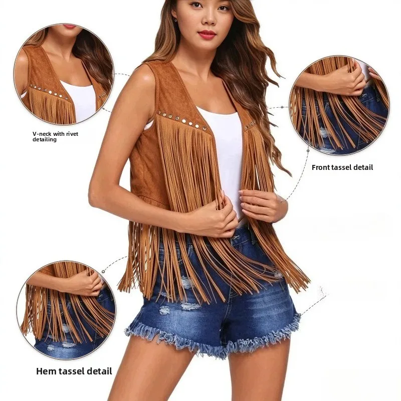 Women Fringe Sleeveless Vest Rivet Decor Tassel Waistcoat for Western Cowgirl Halloween Fancy Dress Cosplay Costume