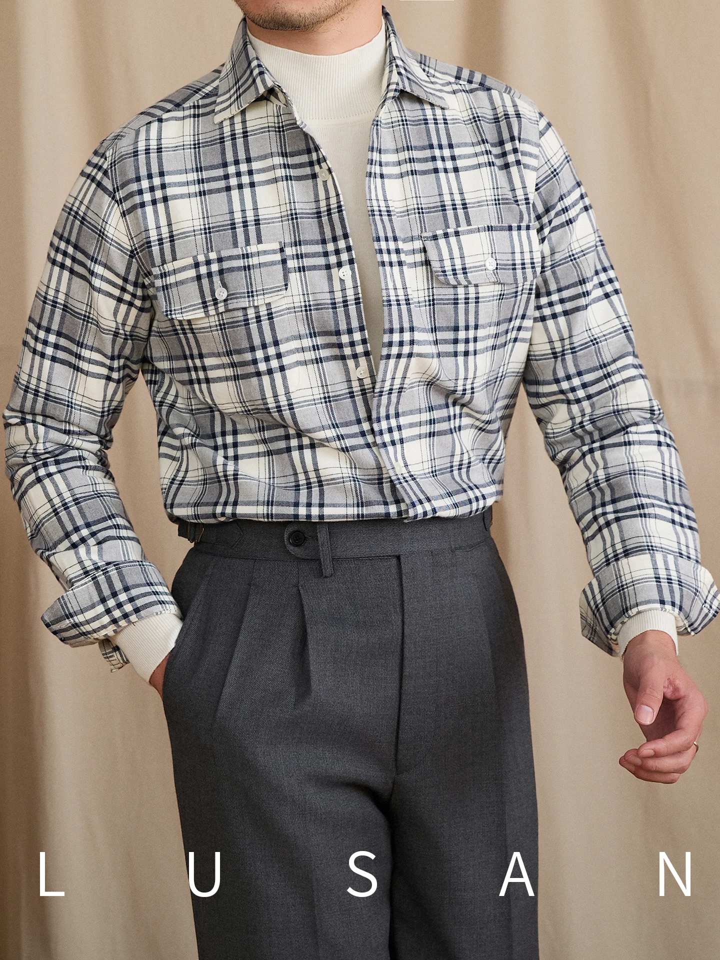 High-End Men's Autumn Winter Cotton Leisure Pocket Long Sleeve Shirt British Retro Plaid Shirt