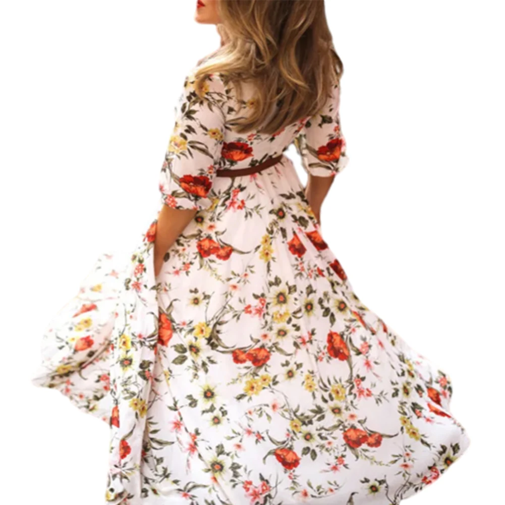 

Brand New Comfy Beach Daily Holiday Swing Dress Maxi Dress Bohemian Floral O Neck Polyester Print S-2XL Female