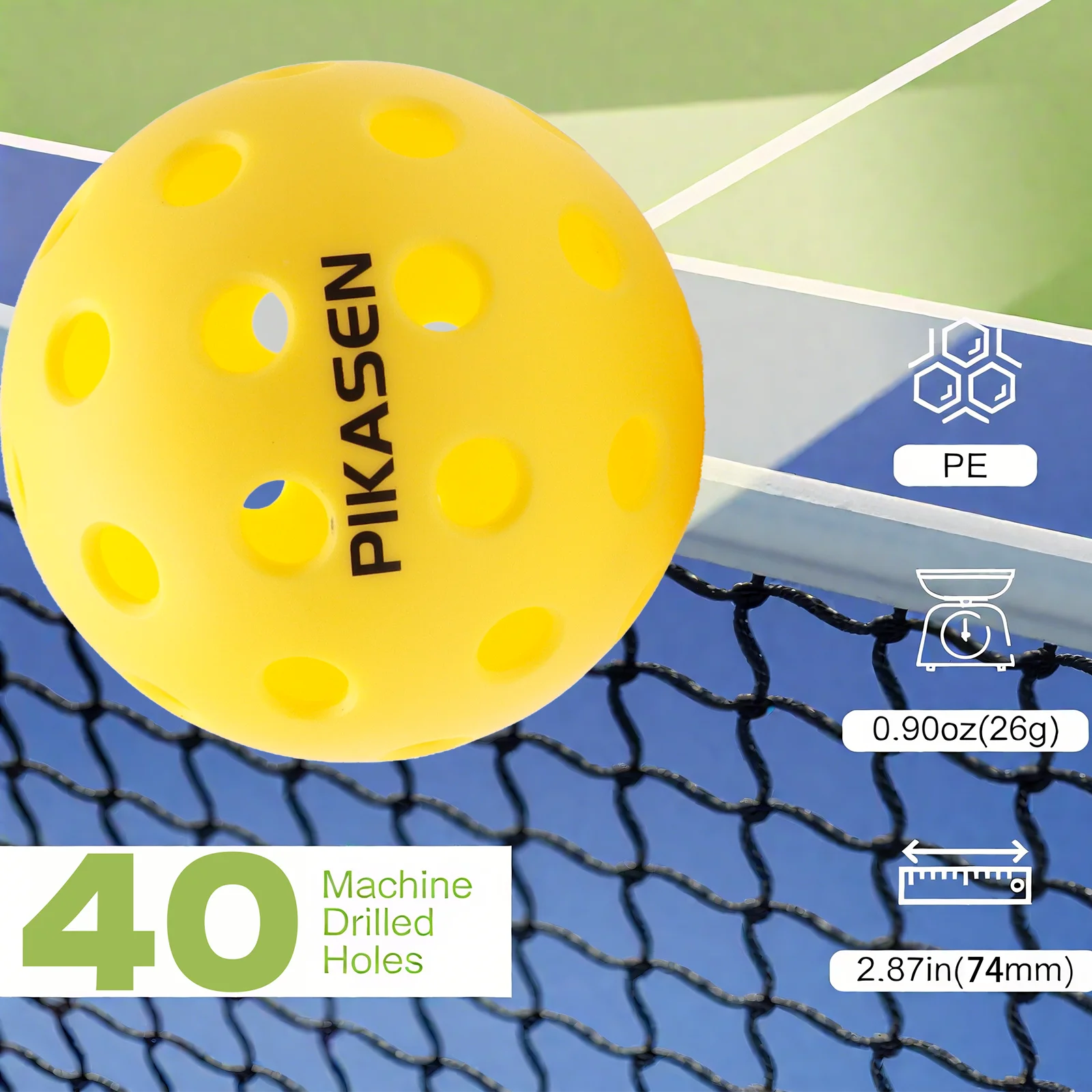 Pikasen Injection-Molded 40-Hole Pickleball,High-Resilience,Wear-Resistant,Durable for Indoor/Outdoor Competition and Training