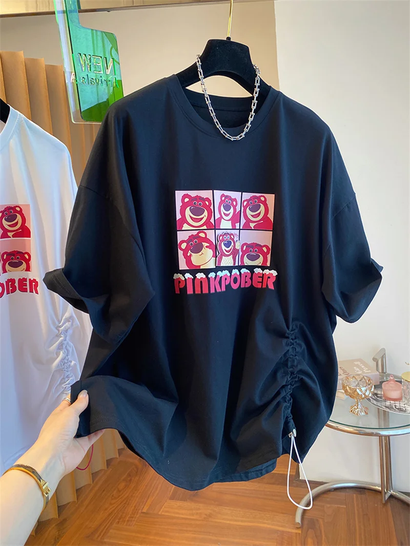 Extra Large 300 Pounds Strawberry Bear Patchwork Print Casual Loose Women's T-shirt Drawstring Summer Fashion Slimming Trend