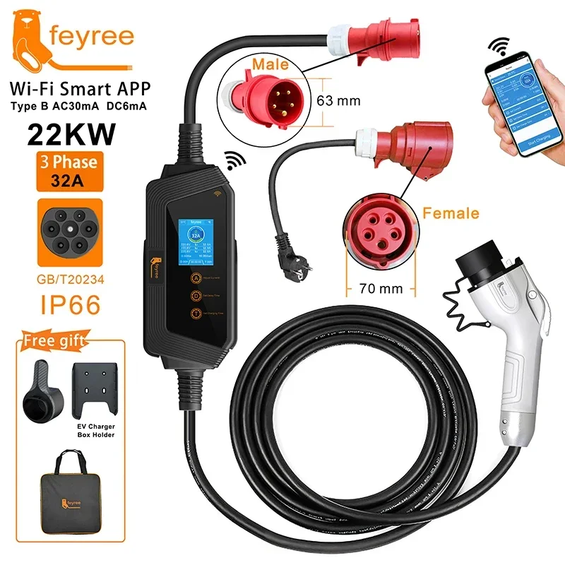 feyree Portable EV Charger GBT Plug Fast 22KW 32A 3Phase Adjusting Current Wi-Fi Smart APP Control Electric Car Charging Station