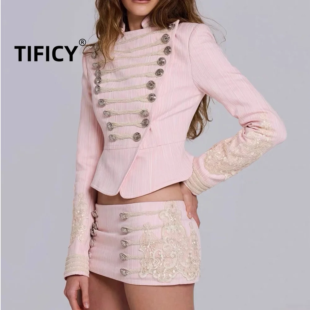 High Street Blazers Jackets Women's Lace Applique Slim Napoleon Short Jacket Jacket with Metal Buckle and Mini Skirt Cover