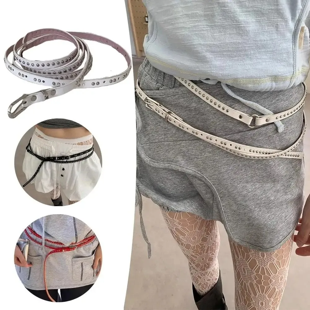 New Y2k Thin Belt Punk Rivet Gothic Waistband Waist Strap PU Leather for Jeans Dresses Skirts Metal Buckle Belts for Women