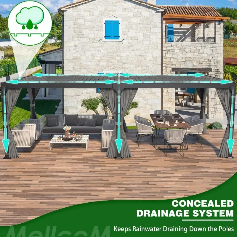 عريشة ذات كوة 12 × 20 قدمًا، سقف وستائر من الألومنيوم قابلة للتعديل، شرفة شرفة رمادية داكنة #6