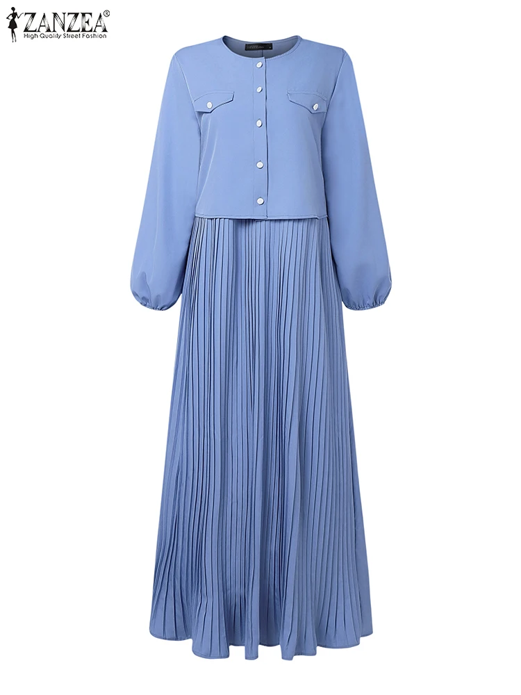 2025ZANZEA Herbst Maxi Lange Kleid Frauen Elegante Langarm Solide Plissee Sommerkleid Patchwork Kleider Muslimischen Abaya Robe Femme