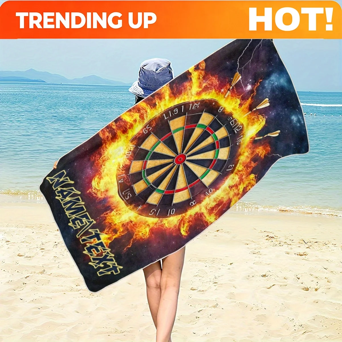 Customize Custom Name Dartboard with Fire Design Beach Towel-Soft, Ultra-Absorbent Microfiber, Lightweight And Windproof, Perfec