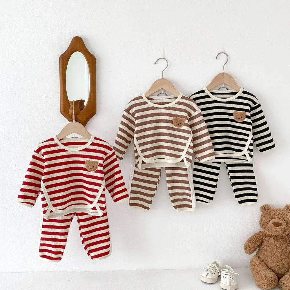 2024 Autumn Baby Clothing Set Girls Waffle Striped Boys Cotton Cartoon Bear Top+Pants Fashion 2Pcs Infant\'s Outfit