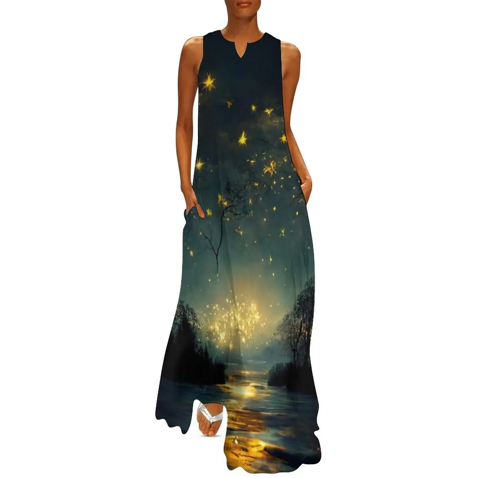 Beautiful twinkling stars in a big sky over a tree lined lake. Long Dress fairy dress prom dress 2025 Women's women