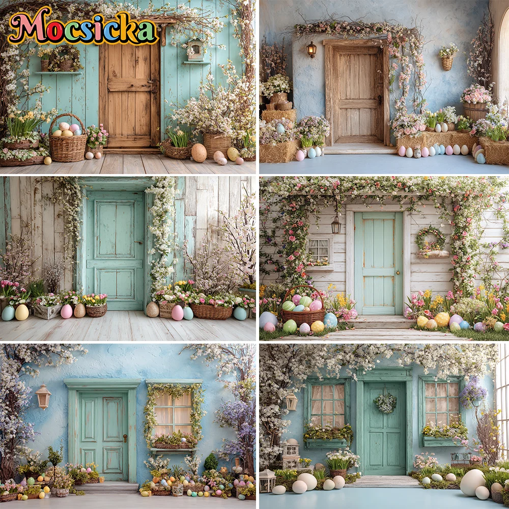 

Весенняя Пасха, деревенский фон с деревянной дверью, фотография, счастливая Пасха, красочные яйца, цветы, детский душ, деревянная доска, фон