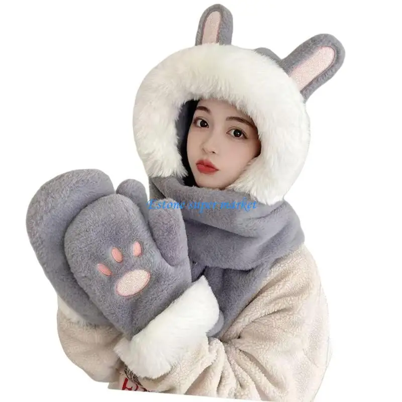 090B Lovely Ears Hat Scarf Gloves set Warm Winter Wear set for Kids Winter Adventures
