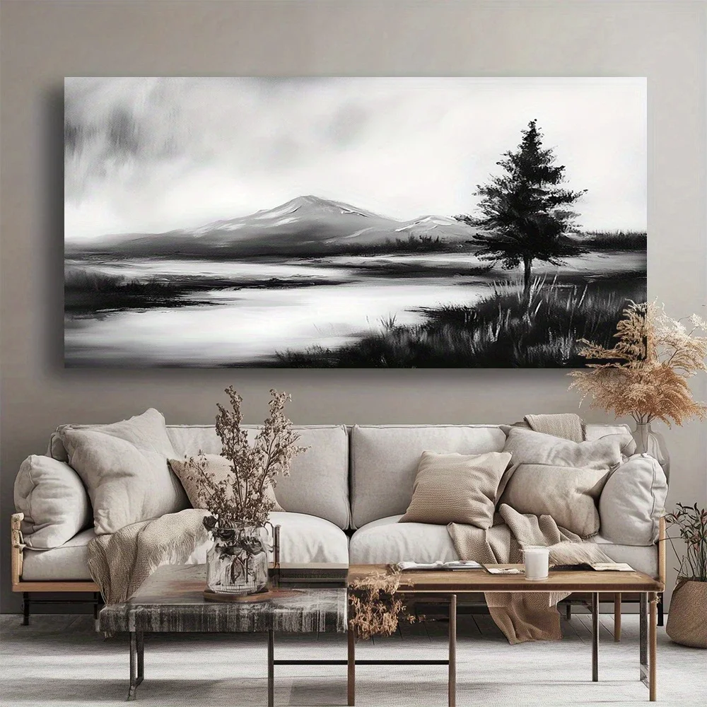 Minimalist Border Poster, Black And White Tranquil Mountains, Modern Decor For Living Room, Bedroom, Home Office, No Frame