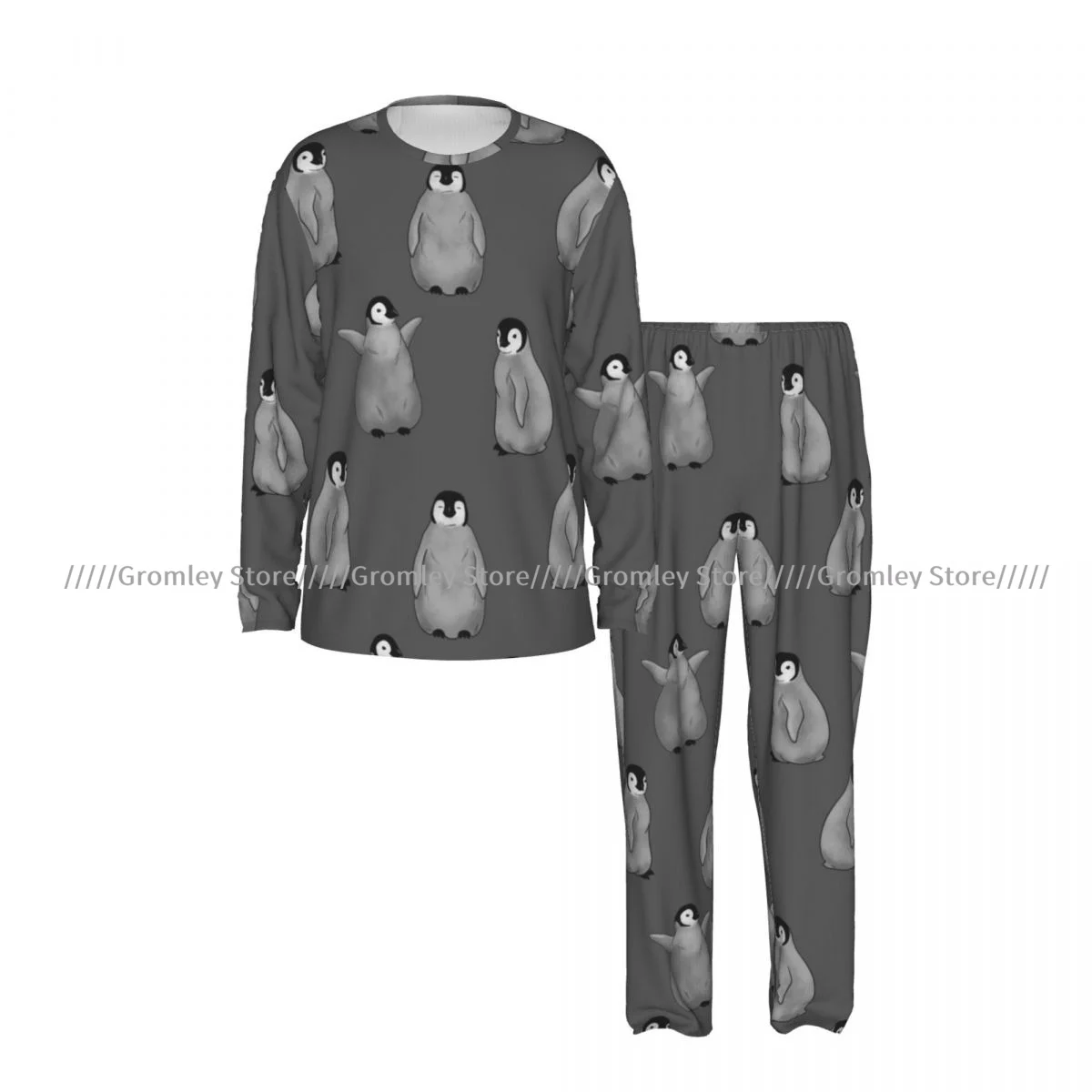 Men's Pajama Set Long Sleeve and Long Pants Cute Penguin Pattern Soft Sleepwear for Home