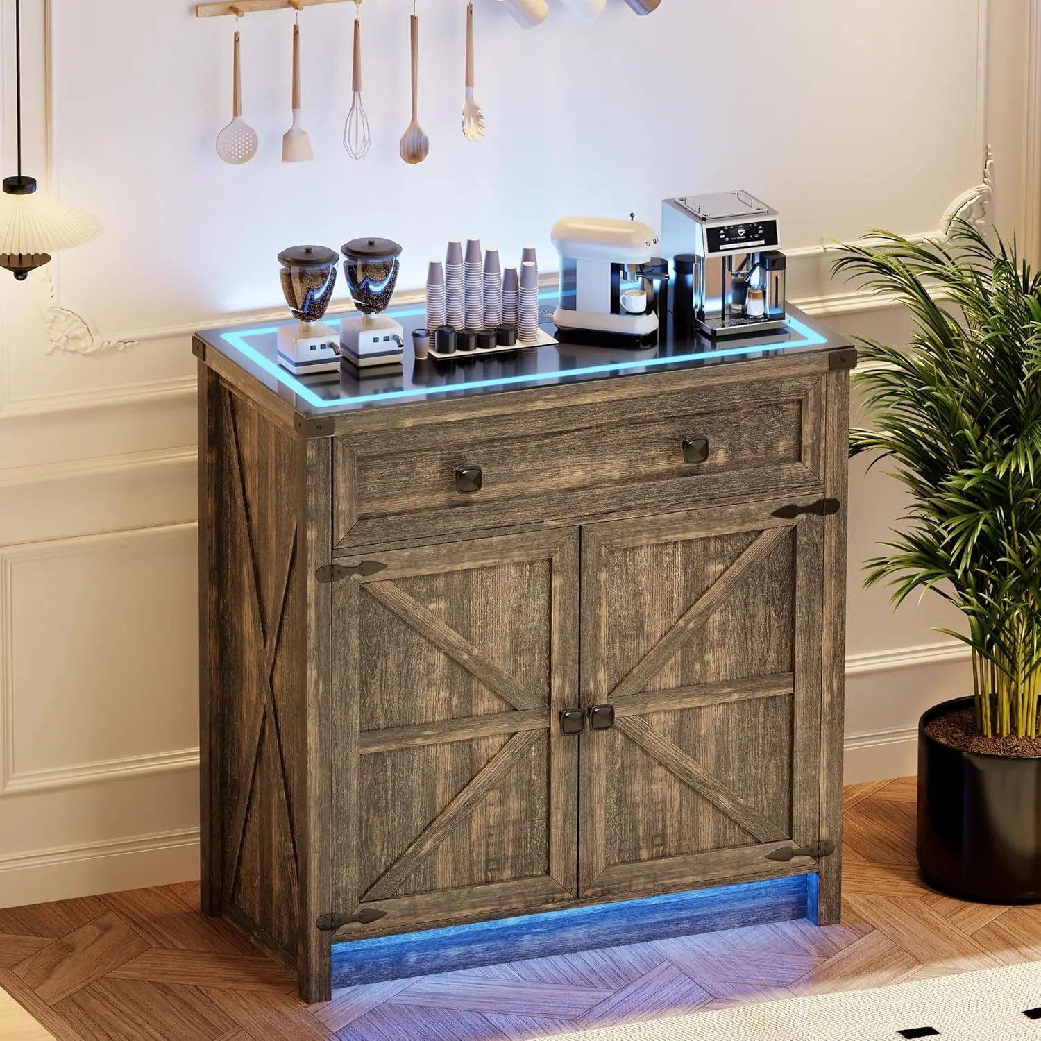 

Кофейный столик в стиле фермерского дома с зарядной станцией, барный шкаф с выдвижными ящиками для хранения, буфет с 3-цветной LED-подсветкой, на заказ