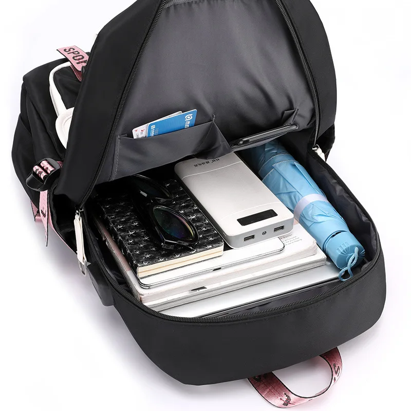 Imagem -04 - Grande Pacote Escolar com Porta Usb para Adolescentes Mochila de Lona Bolsa de Livro Estudante Preto e Rosa Mochila Adolescente Dropshipping