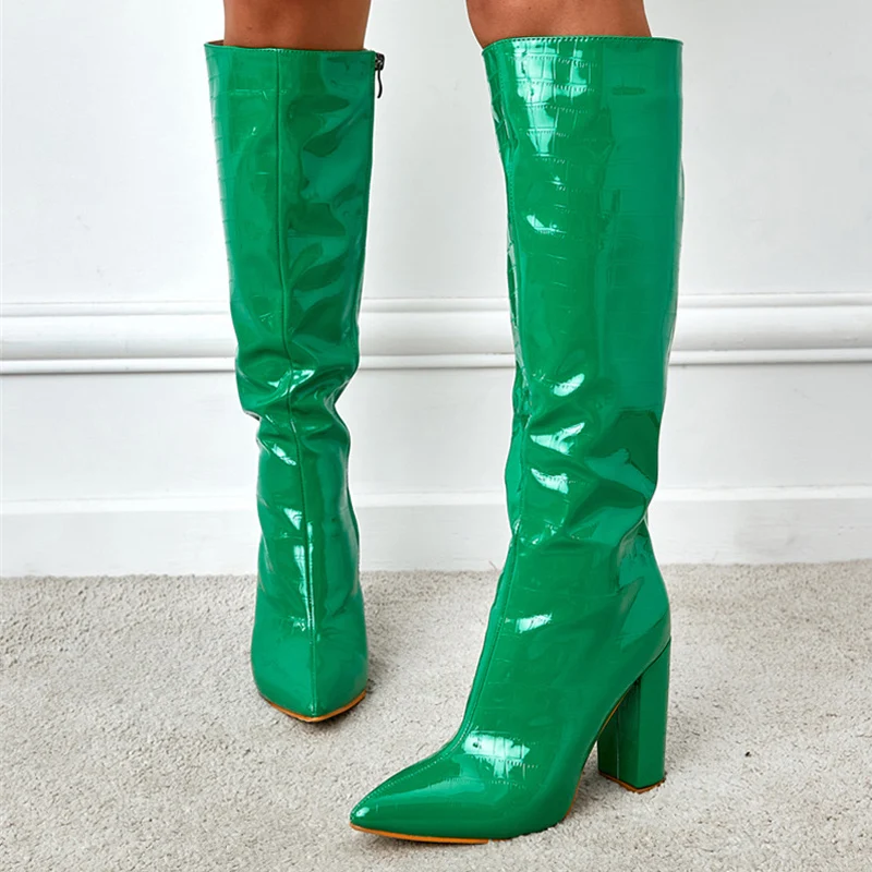 Liyke Sexy Green Snake Print Leather Knee High Boots Women Square Heels Winter Long Shoes Pointed Toe Zip Cool Knight Bootties