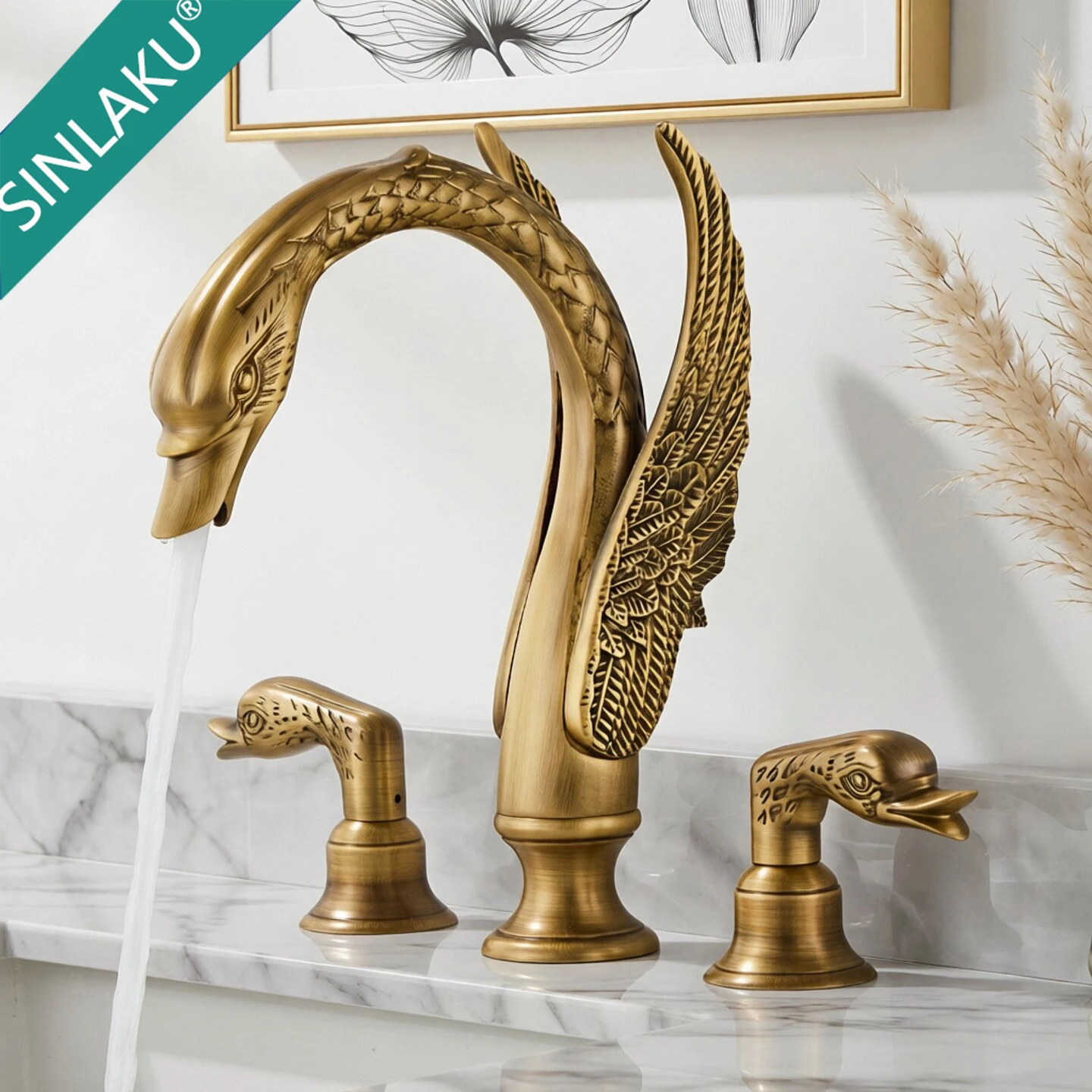 KEMAIDI Swan Bathroom Faucet 3 Hole Widespread Sink Faucet Vintage Brass Double Handles Vanity Basin Mixer Tap for Bathroom