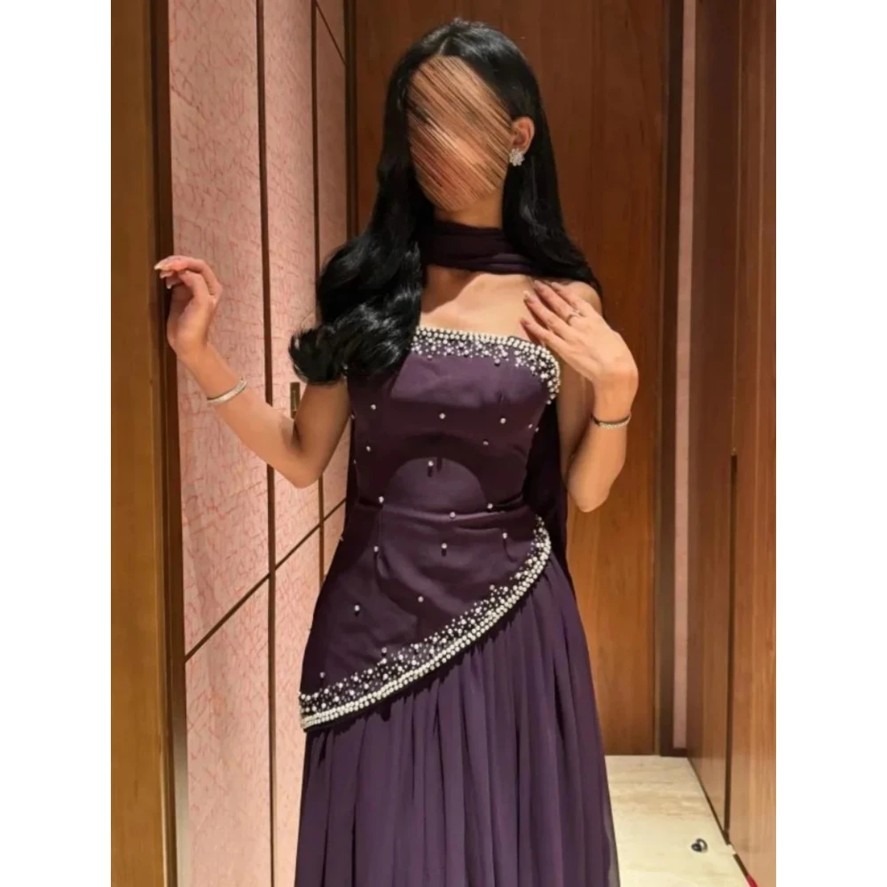 Grape Purple Evening Dress Strapless Beadings A Line Floor Length Elegant Formal Party Dresses with Scarf Prom Gown Customized