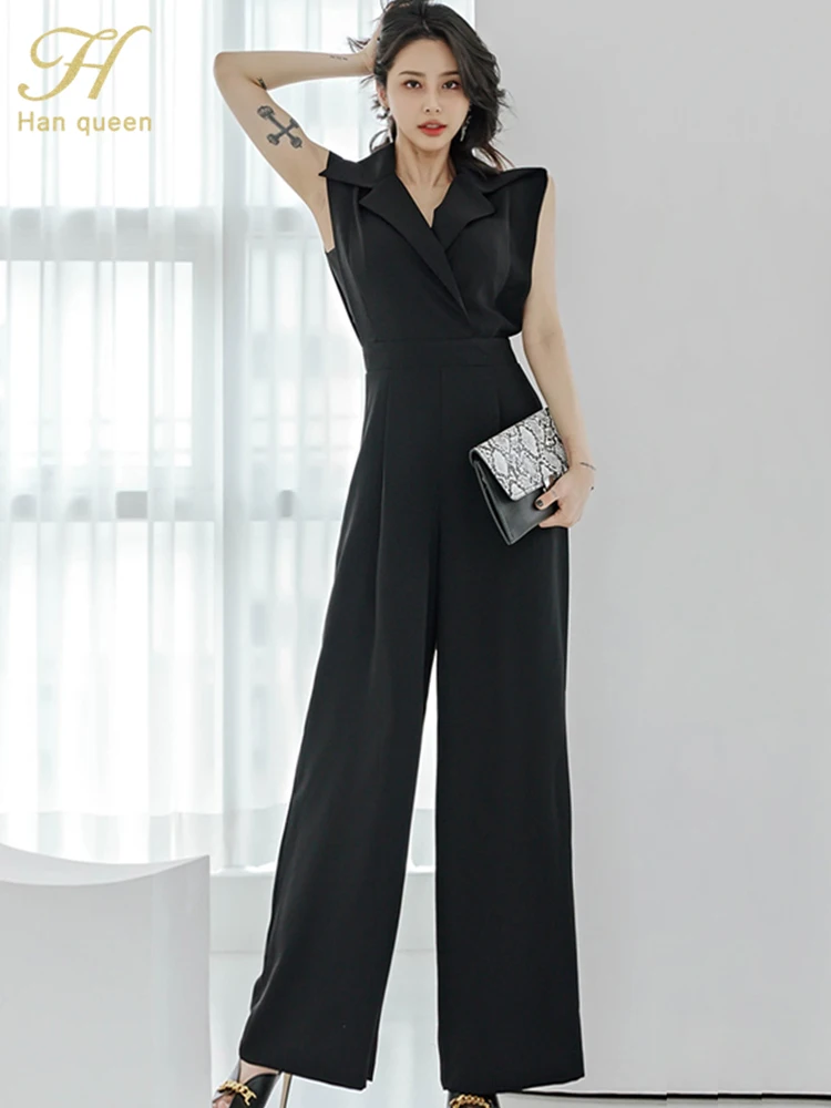 H Han Queen New Korean Sleeveless Elegant Summerr Business Jumpsuits Women Wide Leg Long Playsuits Casual Office Rompers