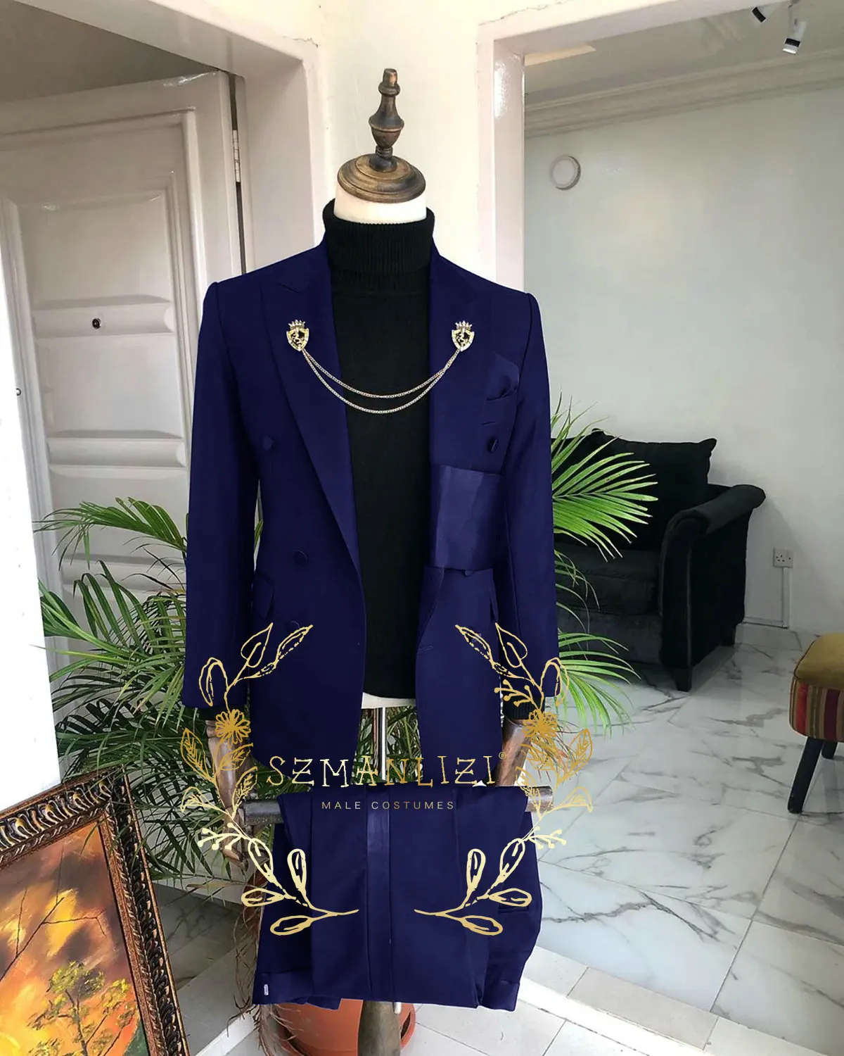 

Fashion Double Breasted Men's Suit 2 Piece Sets Navy Blue Blazer Pants Outfit For Groom Wedding Prom Party Custom Tuxedos