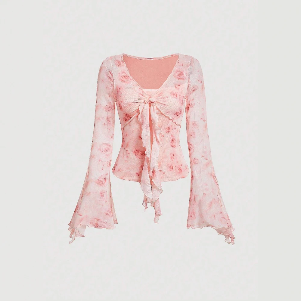 Mia Muse T-Shirts Frühling Sommer Koreanische Elegante Blumenfalten Langarm V-Ausschnitt Dating