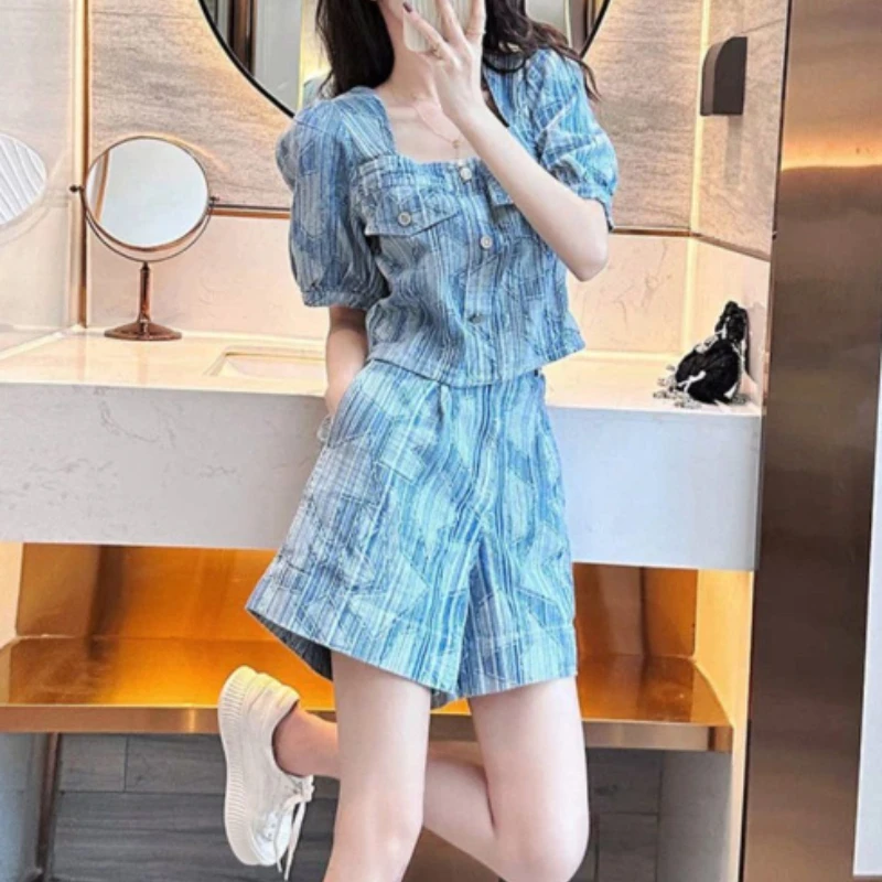 

2025 Summer New Fashion Trendy Denim Set Suitable for Women 2025 Denim Square Collar Short Sleeve Top and Shorts Two-piece Set